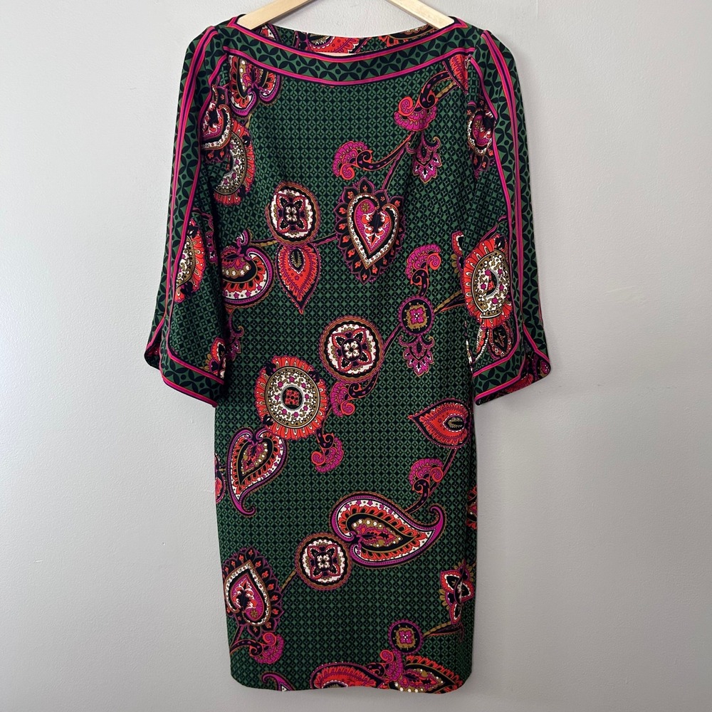 Trina Turk Dress Womens 0 Green Pink Paisley Print 3/4 Sleeve Stretch Retro Boho